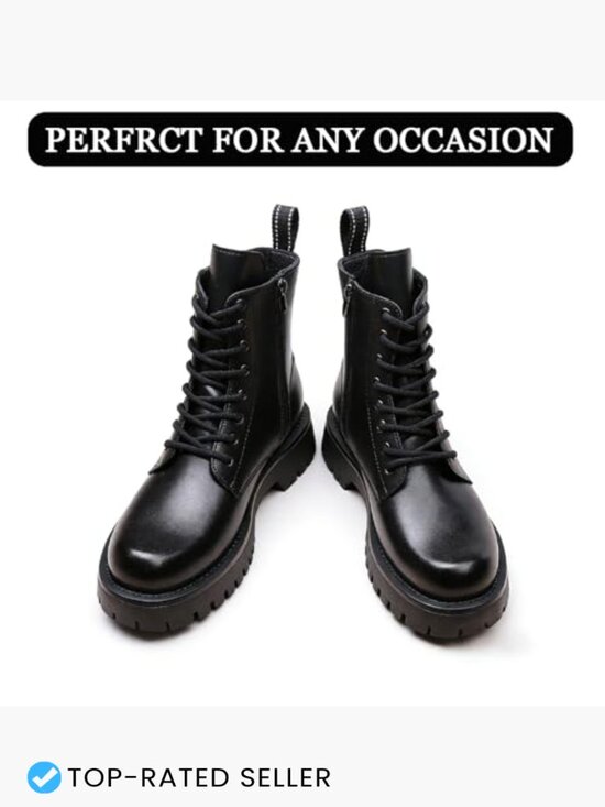 Men\'s Black Leather Platform Lace-up Combat Boots with Side Zipper Retro Round main image 5